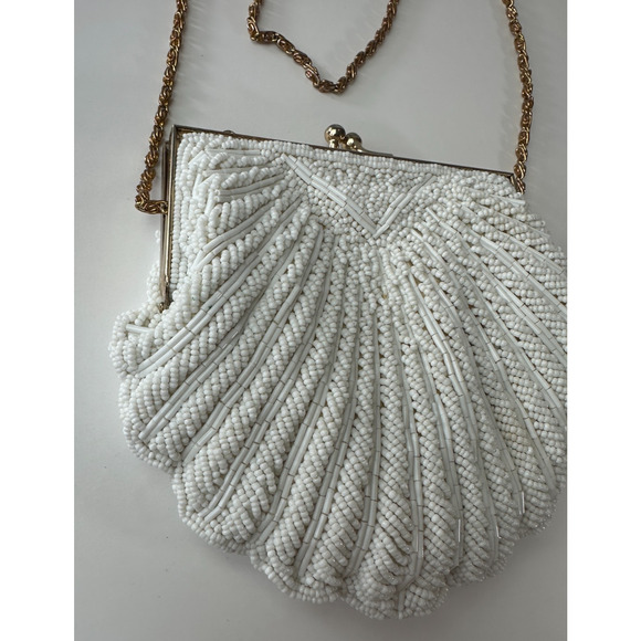 Vintage Walborg Mini Beaded Satin Clamshell Gatsby Purse Gold Color Chain Strap - Picture 5 of 13